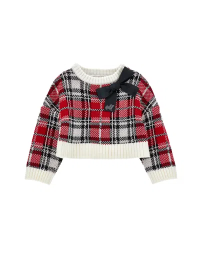 Monnalisa Kids'   Tartan Wool Blend Sweater In Red + Cream