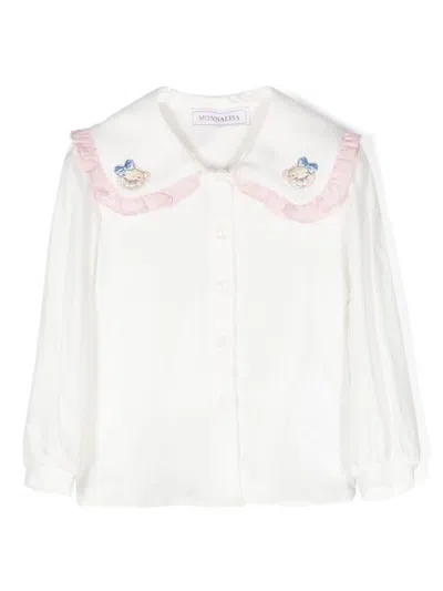 Monnalisa Babies' Teddy Bear-embroidery Ruffled Top In White