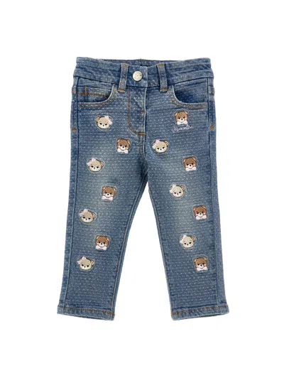 Monnalisa Kids'   Teddy Bear Jacquard Denim Jacket In Blu Stone Denim