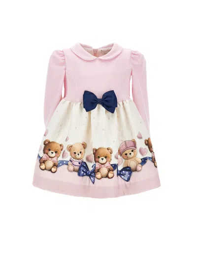 Monnalisa Kids'   Teddy Bear Jacquard Dress In Cream + Pink
