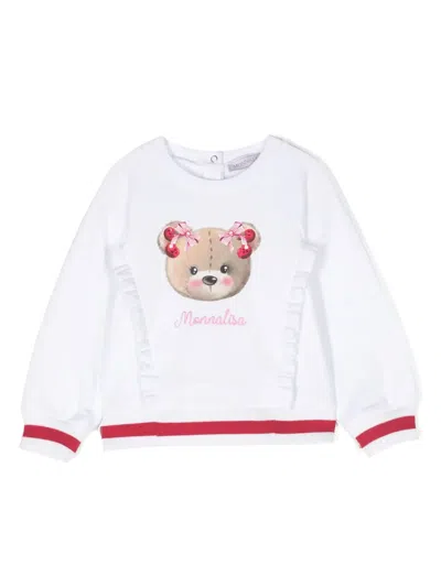 Monnalisa Babies' Teddy Bear-print Cotton Sweatshirt In White