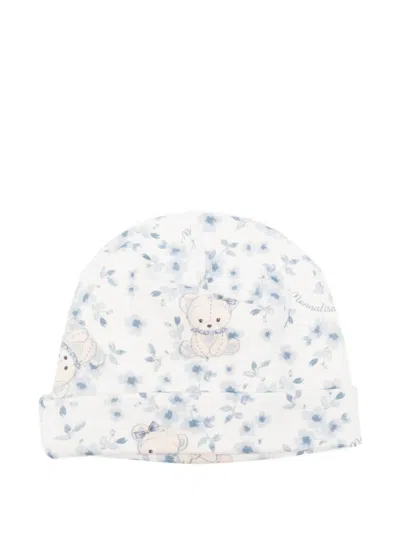 Monnalisa Babies' Teddy Bear-print Floral Beanie In Blue