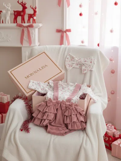 Monnalisa Kids'   Teddy Bear Print Romper With Bows In Pink