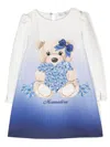 Monnalisa Crepe Dress With Maxi Bear In Blue