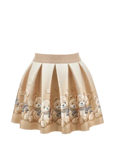 Monnalisa Kids' Teddy Bear-print Pleated Skirt In Neutrals