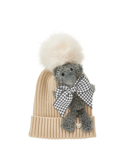 Monnalisa Babies'   Teddy Hat With Pompom In Brown