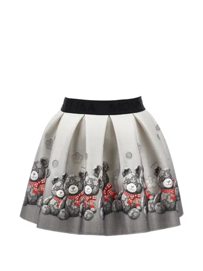 Monnalisa Kids' Teddy-bear Pleated Skirt In Grey
