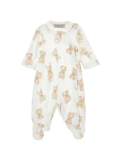 Monnalisa Babies' Teddy-bear Print Peter Pan Collar Sleepsuit In Neutral