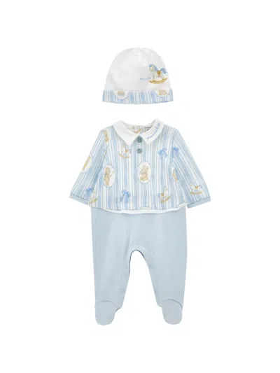 Monnalisa Babies' Teddy-bear Print Striped Pajamas And Beanie Set In Blue