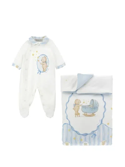 Monnalisa Babies' Teddy-bear Print Striped-trim Pajamas And Blanket Set In White