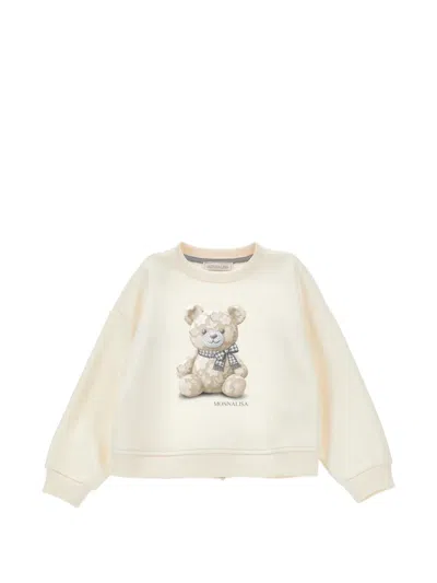 Monnalisa Kids' Teddy-bear-print Bow-detail Sweater In White