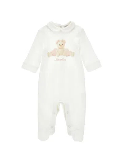 Monnalisa Babies' Teddy-bear-print Peter Pan-collar Sleepsuit In White