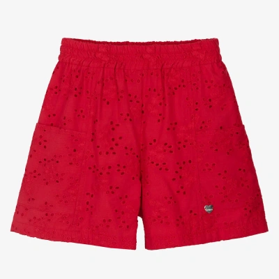 Monnalisa Teen Girls Red Embroidered Cotton Shorts