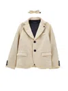 Monnalisa Textured Cloth Jacket With Bow Tie In Beige + Blue