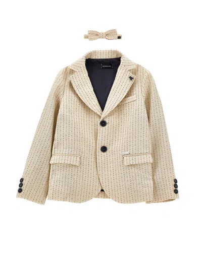Monnalisa Kids'   Textured Cloth Jacket With Bow Tie In Beige + Blue