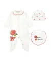 Monnalisa Three-piece Set With Rose In Cream + Ruby Red