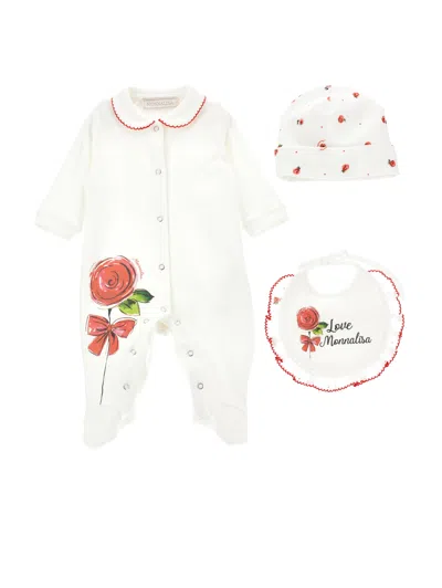 Monnalisa Kids'   Three-piece Set With Rose In Cream + Ruby Red