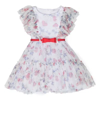 Monnalisa Kids' Tiered Belted Dress In White