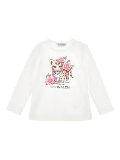 Monnalisa Kids' Tiger Graphic-print Long-sleeve Top In White