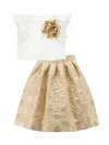 Monnalisa Top And Skirt Set In Polka Dot Taffeta Fabric In Cream + Gold