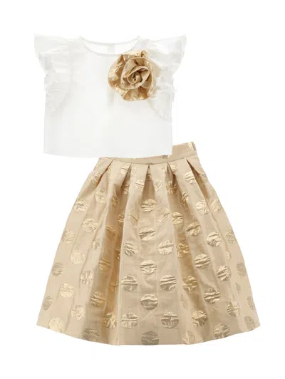 Monnalisa Kids'   Top And Skirt Set In Polka Dot Taffeta Fabric In White
