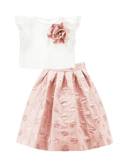 Monnalisa Kids'   Top And Skirt Set In Polka Dot Taffeta Fabric In Cream + Light Gold