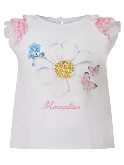 Monnalisa T-shirt With Decorative Trim In Bianco