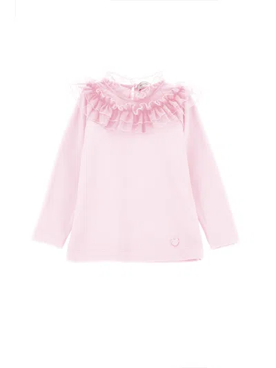 Monnalisa Kids'   Tulle Collar T-shirt In Dusty Pink Rose
