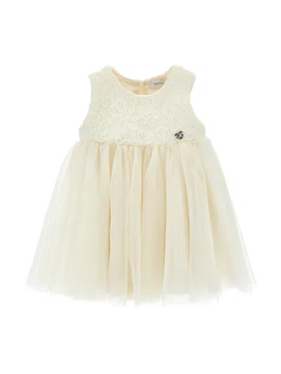 Monnalisa Babies'   Tulle Dress With Bow Embroidery In Cream