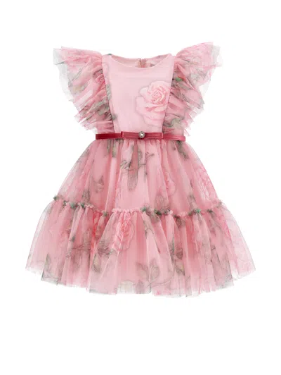 Monnalisa Kids'   Tulle Dress With Flowers In Pink