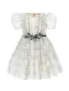 Monnalisa Tulle Dress With Ruffles And Polka Dots In Grey + Beige