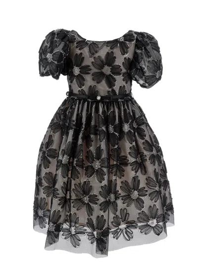 Monnalisa Kids'   Tulle Dress With Sequin Embroidery In Black