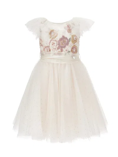 Monnalisa Kids'   Tulle Dress With Sequin Embroidery In Cream