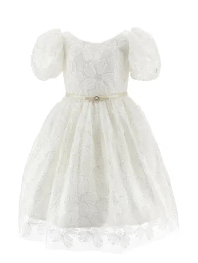 Monnalisa Kids'   Tulle Dress With Sequin Embroidery In Cream