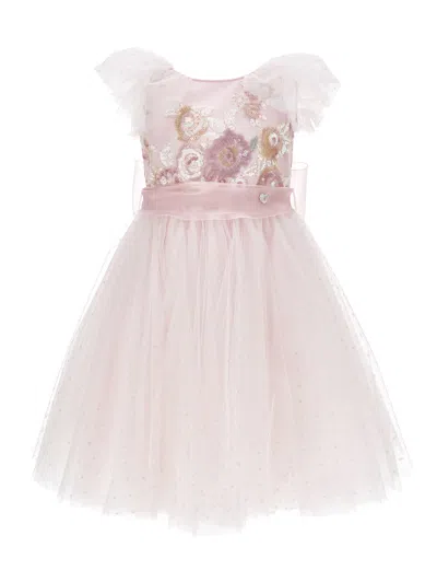 Monnalisa Kids'   Tulle Dress With Sequin Embroidery In Light Pink