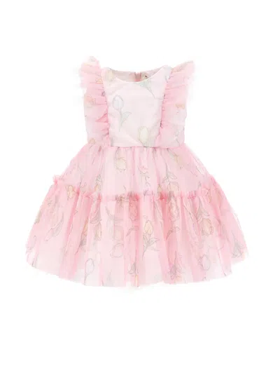Monnalisa Tulle Dress With Tulip Print In Rosa Fairy Tale