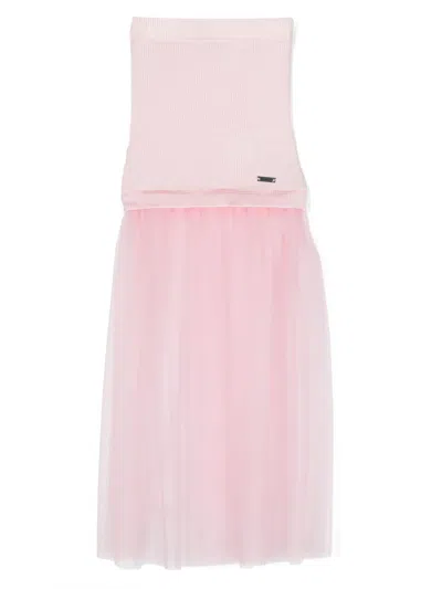 Monnalisa Kids' Tulle-panel Ribbed Skirt In Pink