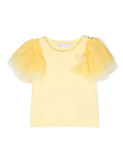 Monnalisa Kids' Tulle-sleeve Cotton T-shirt In Yellow