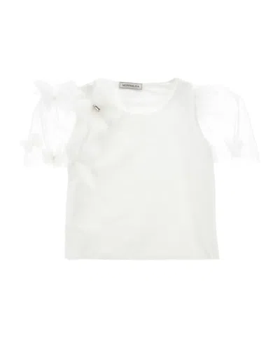 Monnalisa Tulle-sleeve T-shirt In White