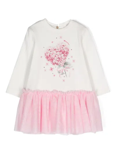 Monnalisa Babies' Tulle-trim Cotton Dress In Rosa/panna