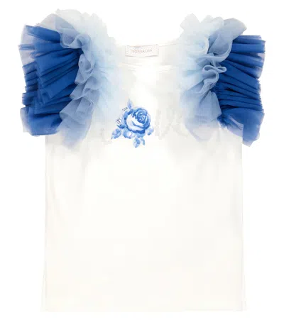 Monnalisa Kids' Tulle-trimmed Embellished Jersey T-shirt In Panna+nuvola