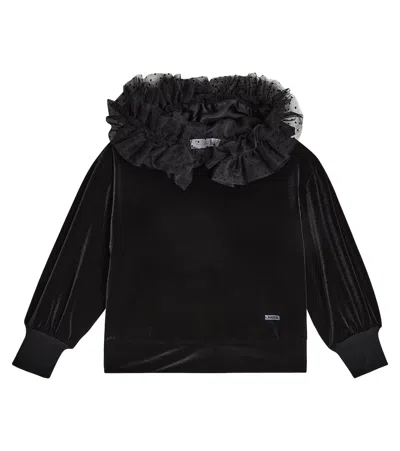 Monnalisa Kids' Tulle-trimmed Velvet Hoodie In Black