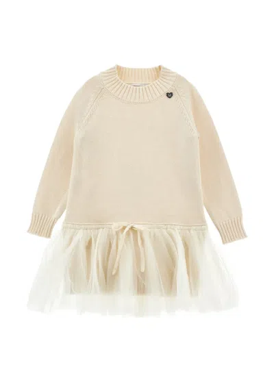 Monnalisa Kids' Tulle-skirt Long-sleeved Dress In Neutral