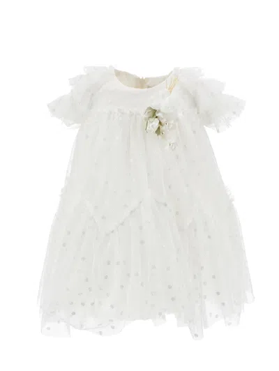 Monnalisa Kids' Tüllkleid Mit Gestickten Gänseblümchen In White