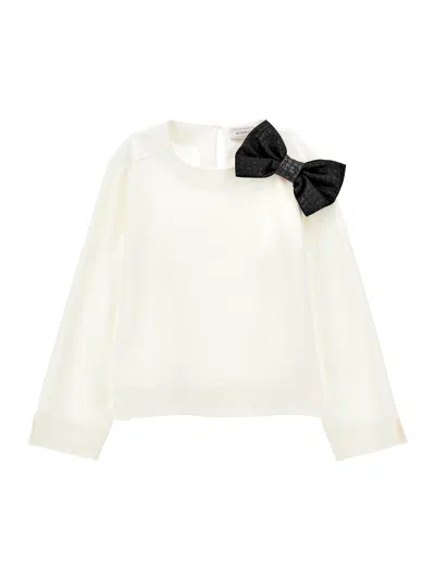 Monnalisa Kids'   Tunic With Jacquard Bow In Cream + Black