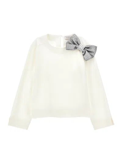 Monnalisa Kids'   Tunic With Jacquard Bow In Cream + Silver