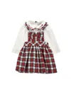Monnalisa Two-piece Bodysuit And Pinafore Set In Cream + Ruby Red