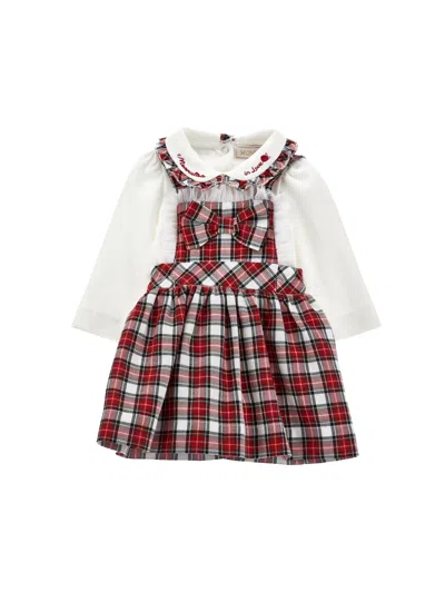 Monnalisa Kids'   Two-piece Bodysuit And Pinafore Set In Cream + Ruby Red