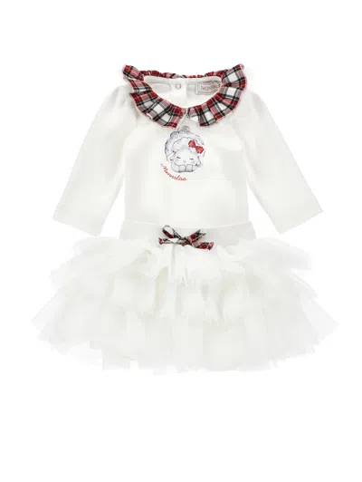 Monnalisa Kids'   Two-piece Bodysuit And Skirt Set In Cream + Ruby Red