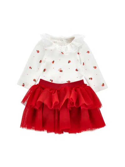 Monnalisa Kids'   Two-piece Cotton And Tulle Set In Cream + Ruby Red